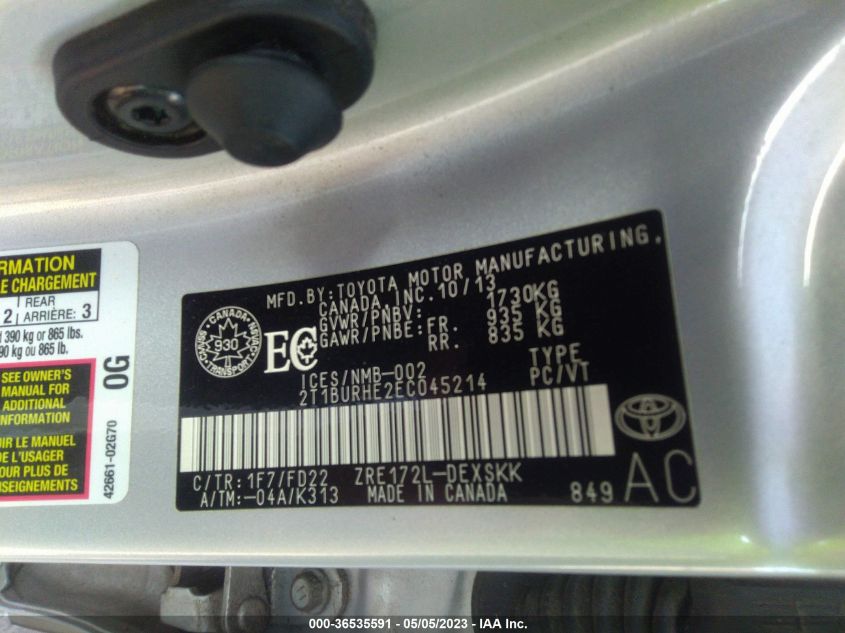 2014 TOYOTA COROLLA L/LE/S/S PLUS/LE PLUS - 2T1BURHE2EC045214