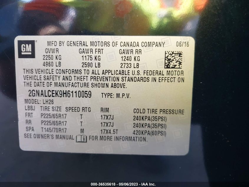 2017 CHEVROLET EQUINOX LT - 2GNALCEK9H6110059