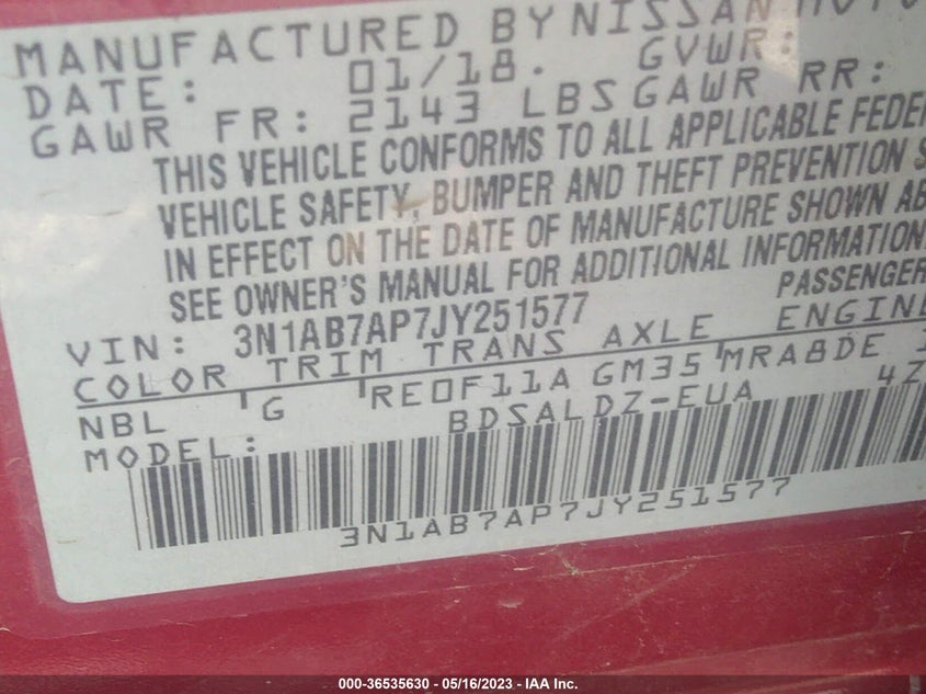 VIN 3N1AB7AP7JY251577 2018 NISSAN SENTRA SV