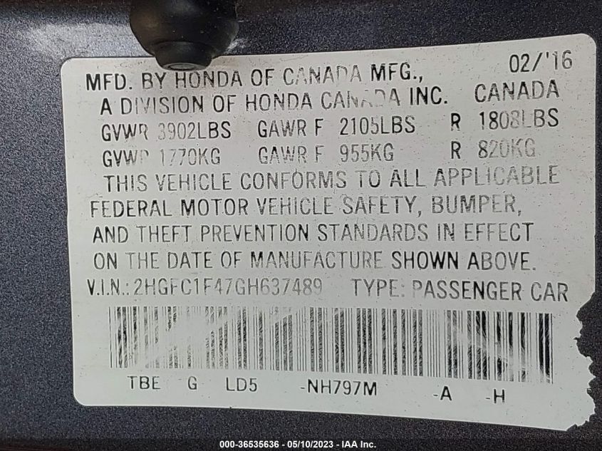 2016 HONDA CIVIC SEDAN EX-T - 2HGFC1F47GH637489