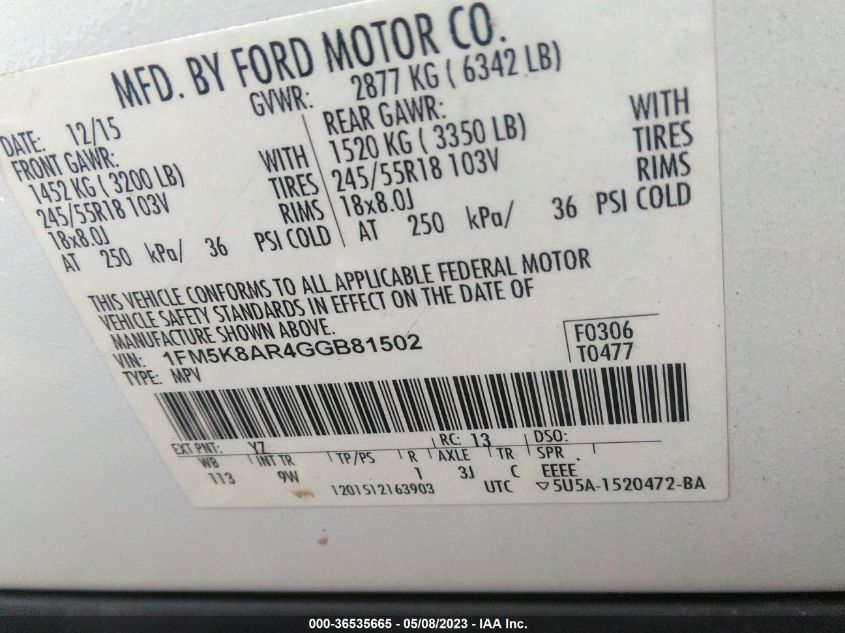 2016 FORD UTILITY POLICE 1FM5K8AR4GGB81502