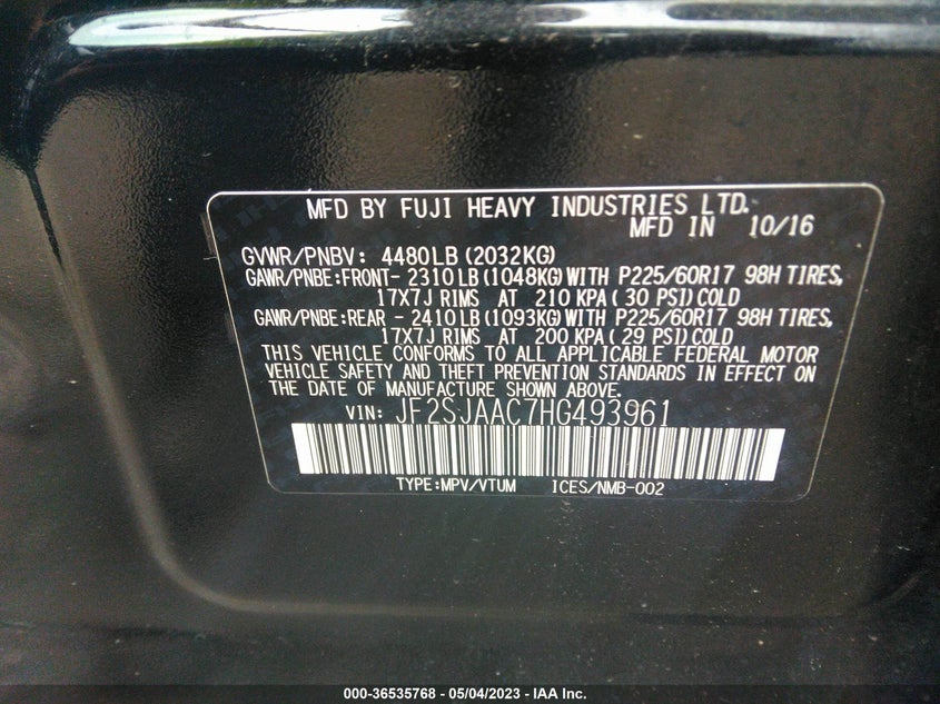 VIN JF2SJAAC7HG493961 2017 SUBARU FORESTER