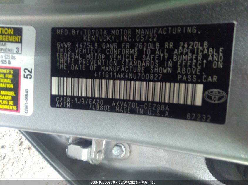 2022 TOYOTA CAMRY SE - 4T1G11AK4NU700827