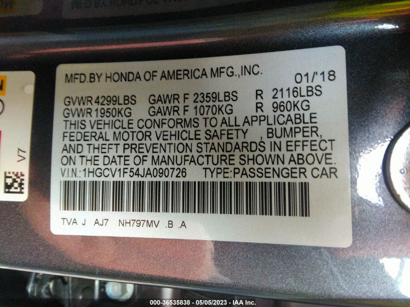 2018 HONDA ACCORD SEDAN EX-L 1.5T - 1HGCV1F54JA090726