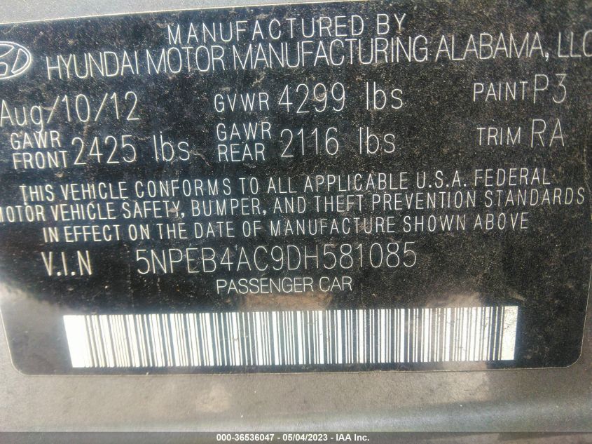 2013 HYUNDAI SONATA GLS PZEV - 5NPEB4AC9DH581085