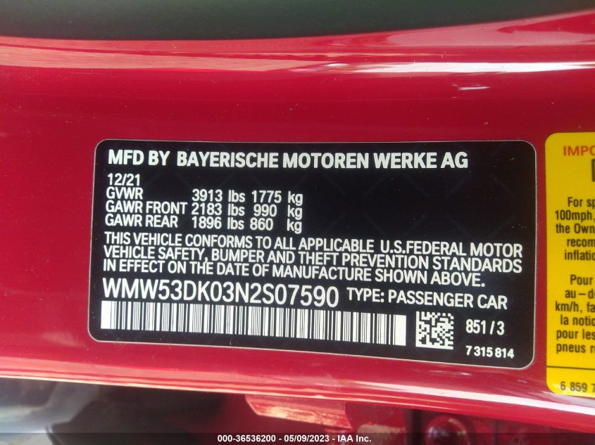 2022 MINI HARDTOP 4 DOOR COOPER S WMW53DK03N2S07590