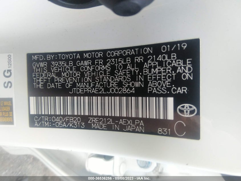 VIN JTDEPRAE2LJ002864 2020 TOYOTA COROLLA LE