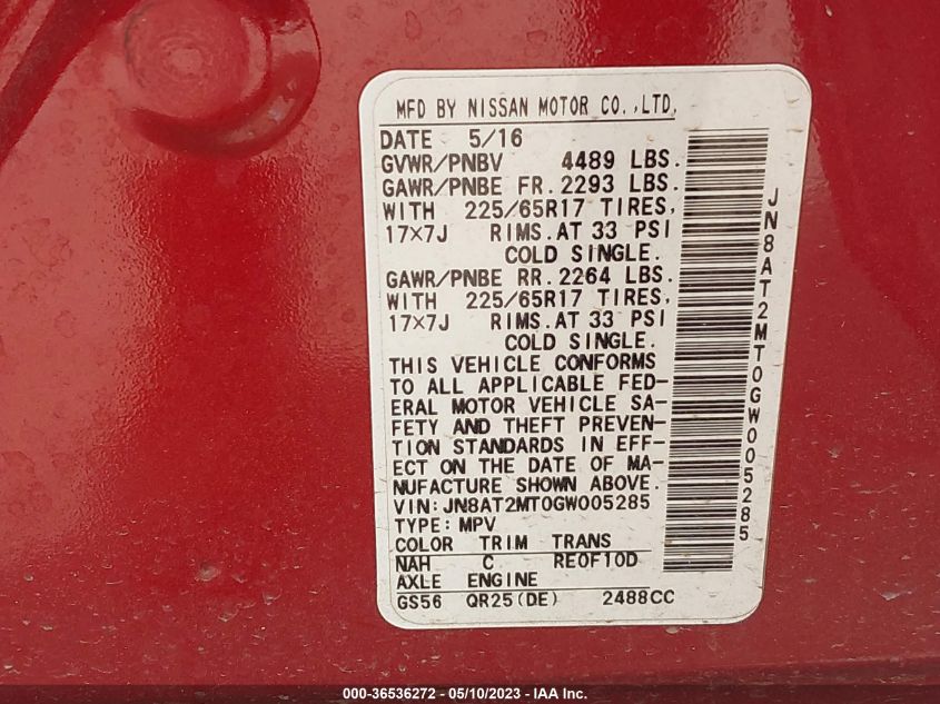 2016 NISSAN ROGUE S - JN8AT2MT0GW005285
