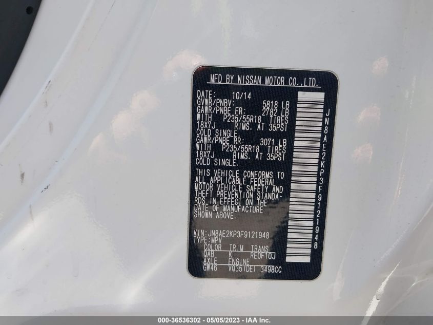 2015 NISSAN QUEST SL - JN8AE2KP3F9121948