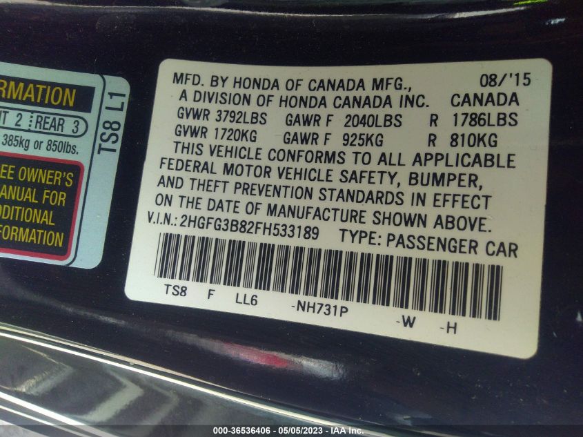 2015 HONDA CIVIC COUPE EX - 2HGFG3B82FH533189