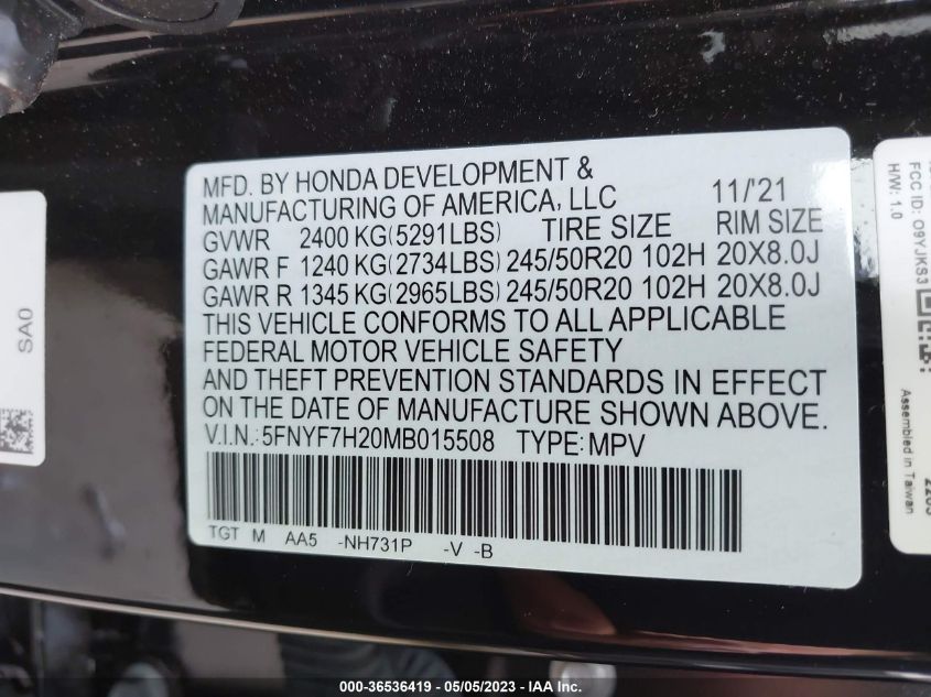 2021 HONDA PASSPORT SPORT - 5FNYF7H20MB015508