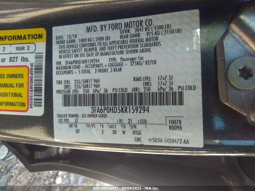 2019 FORD FUSION SE - 3FA6P0HD5KR159294