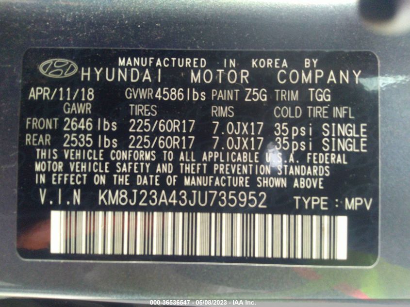 2018 HYUNDAI TUCSON SE - KM8J23A43JU735952