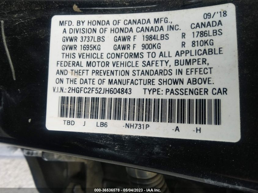 2018 HONDA CIVIC SEDAN LX - 2HGFC2F52JH604843