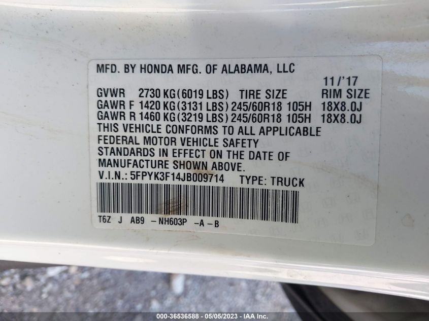 2018 HONDA RIDGELINE SPORT - 5FPYK3F14JB009714