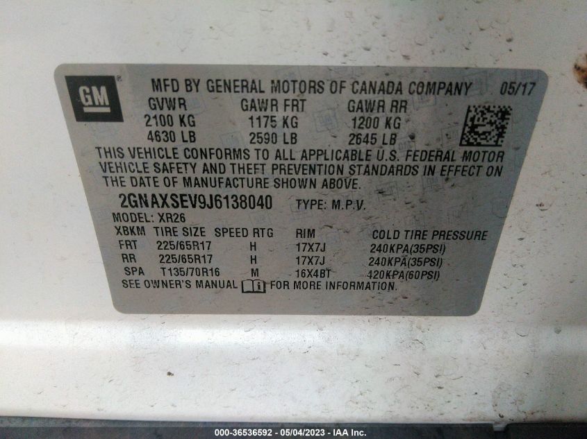 2018 CHEVROLET EQUINOX LT - 2GNAXSEV9J6138040