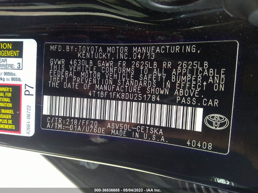 2013 TOYOTA CAMRY SE - 4T1BF1FK8DU251784