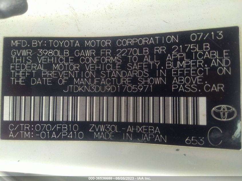 2013 TOYOTA PRIUS ONE/TWO/THREE/FOUR/FIVE - JTDKN3DU9D1705971