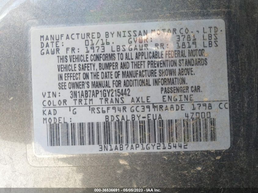 2016 NISSAN SENTRA S - 3N1AB7AP1GY215442