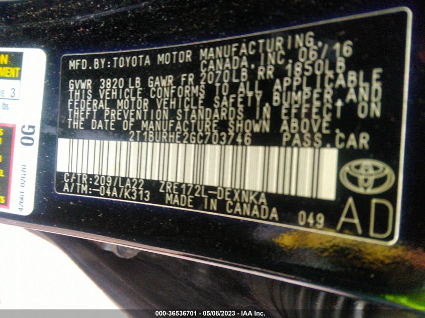 2016 TOYOTA COROLLA L/LE/S/S PLUS/LE PLUS - 2T1BURHE2GC703746