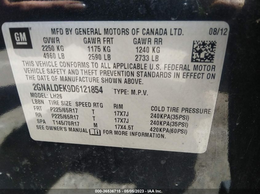 2013 CHEVROLET EQUINOX LT - 2GNALDEK9D6121854
