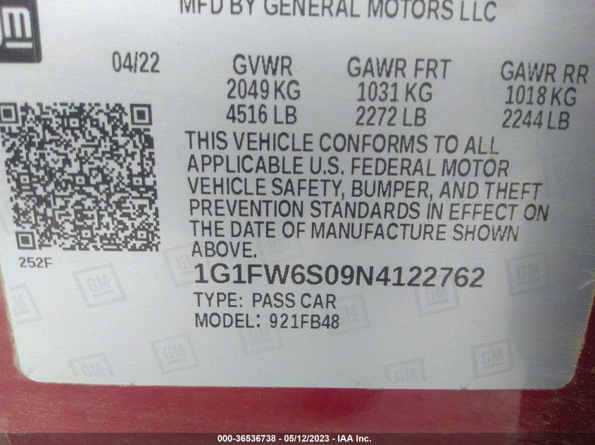 2022 CHEVROLET BOLT EV 1LT 1G1FW6S09N4122762