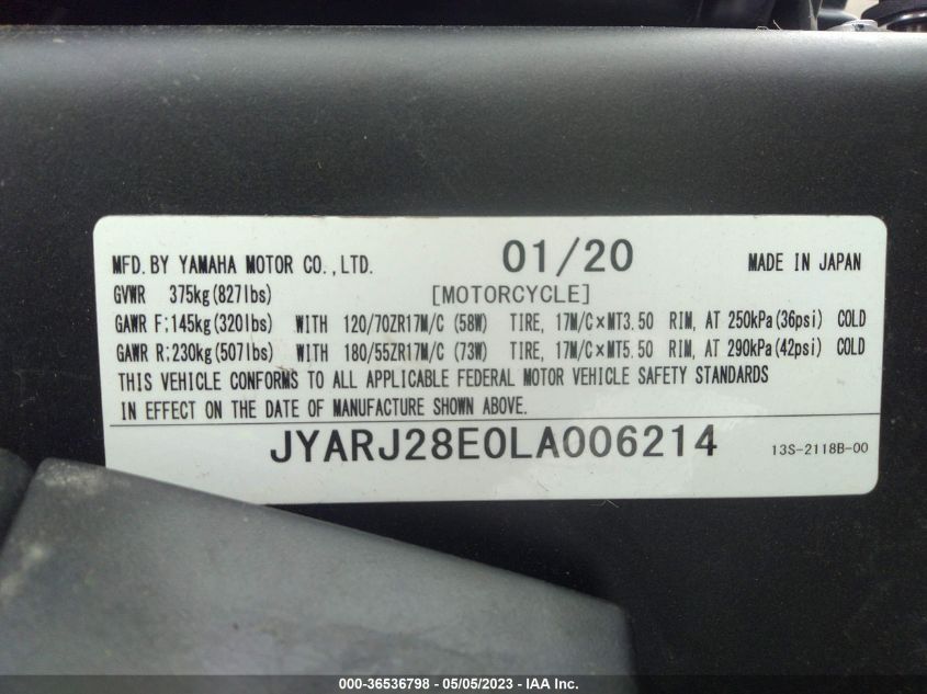 2020 YAMAHA YZFR6 JYARJ28E0LA006214