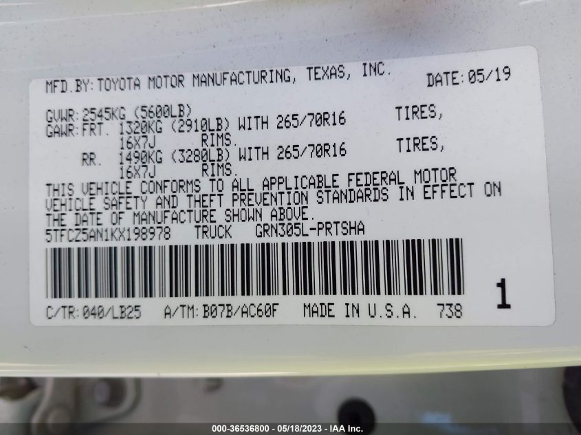2019 TOYOTA TACOMA 4WD SR/SR5/TRD SPORT - 5TFCZ5AN1KX198978