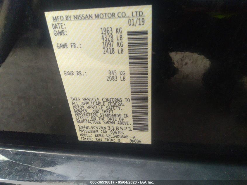 2019 NISSAN ALTIMA 2.5 SR - 1N4BL4CV2KN318521