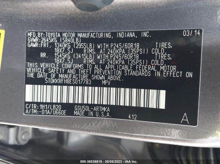 2014 TOYOTA HIGHLANDER XLE - 5TDKKRFH8ES017783