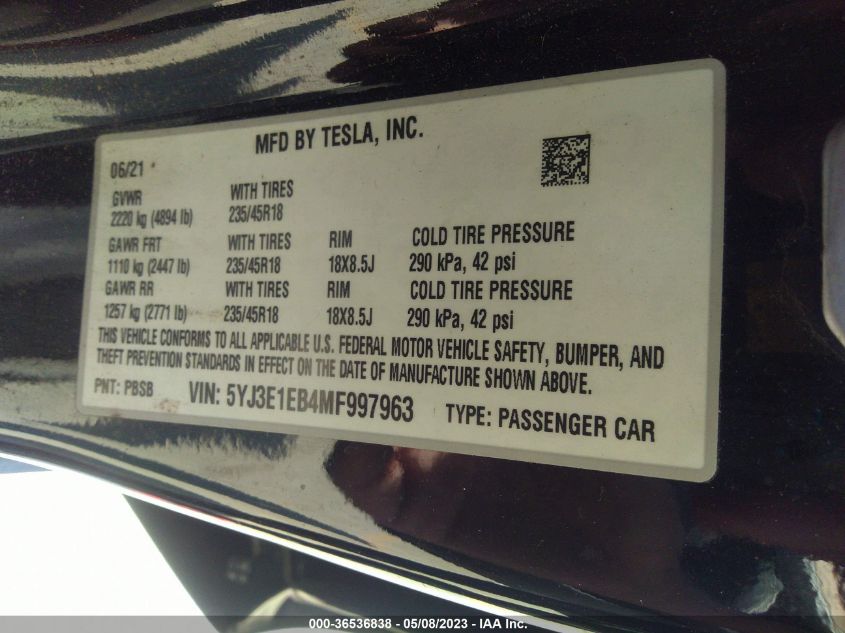 2021 TESLA MODEL 3 LONG RANGE - 5YJ3E1EB4MF997963