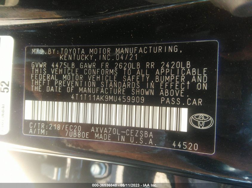 2021 TOYOTA CAMRY SE - 4T1T11AK9MU459909