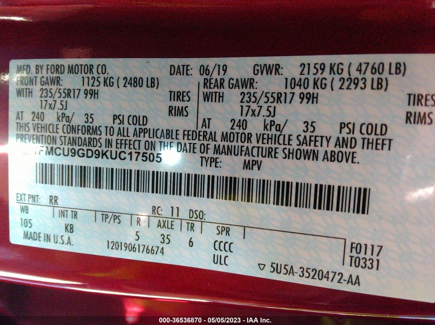 VIN 1FMCU9GD9KUC17505 2019 FORD ESCAPE SE