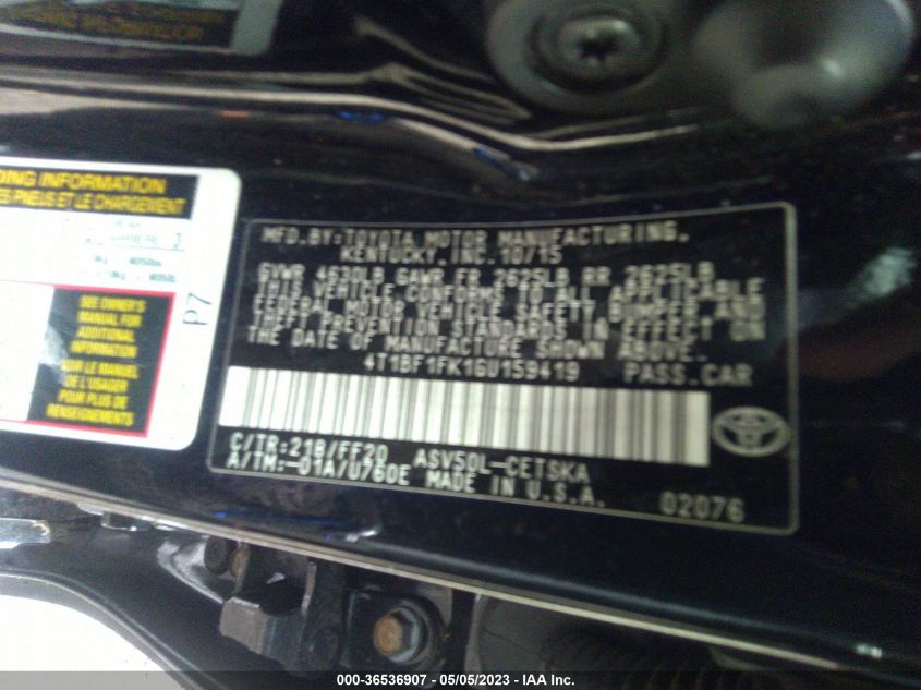 2016 TOYOTA CAMRY XLE/SE/LE/XSE - 4T1BF1FK1GU159419