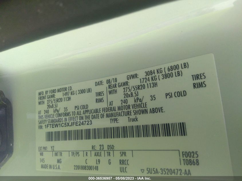 2018 FORD F-150 XL/XLT/LARIAT - 1FTEW1C5XJFE24723