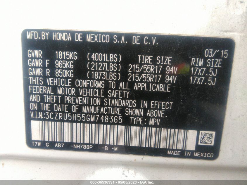 2016 HONDA HR-V EX - 3CZRU5H55GM748365