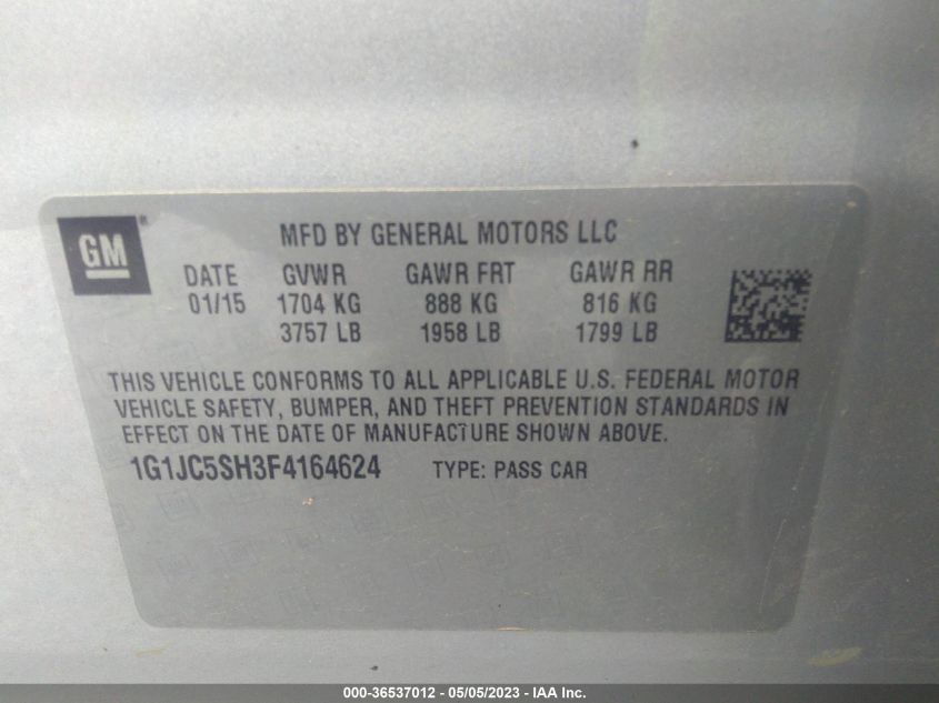 2015 CHEVROLET SONIC LT - 1G1JC5SH3F4164624