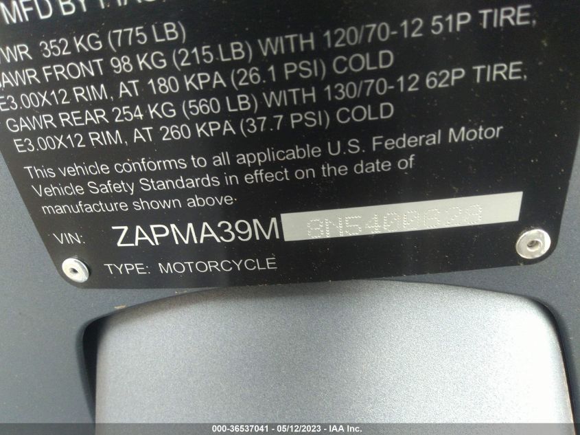 2022 VESPA OTHER ZAPMA39M8N5400628