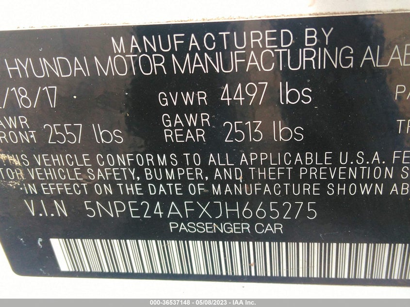 VIN 5NPE24AFXJH665275 2018 HYUNDAI SONATA SE