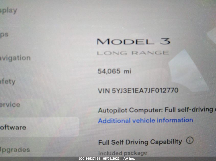 2018 TESLA MODEL 3 RANGE BATTERY - 5YJ3E1EA7JF012770