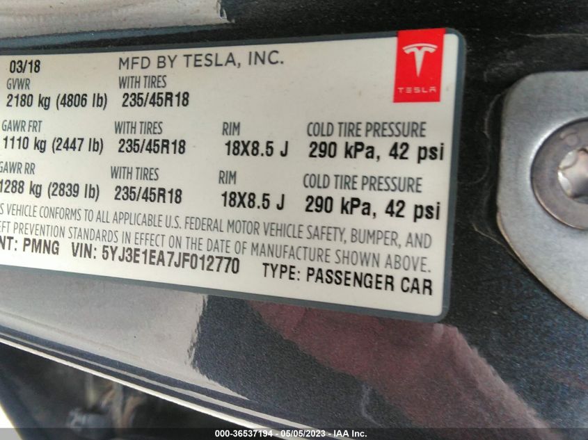 2018 TESLA MODEL 3 RANGE BATTERY - 5YJ3E1EA7JF012770