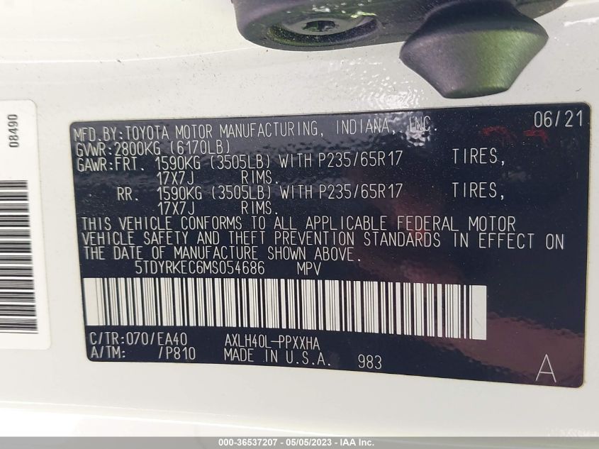 2021 TOYOTA SIENNA XLE - 5TDYRKEC6MS054686