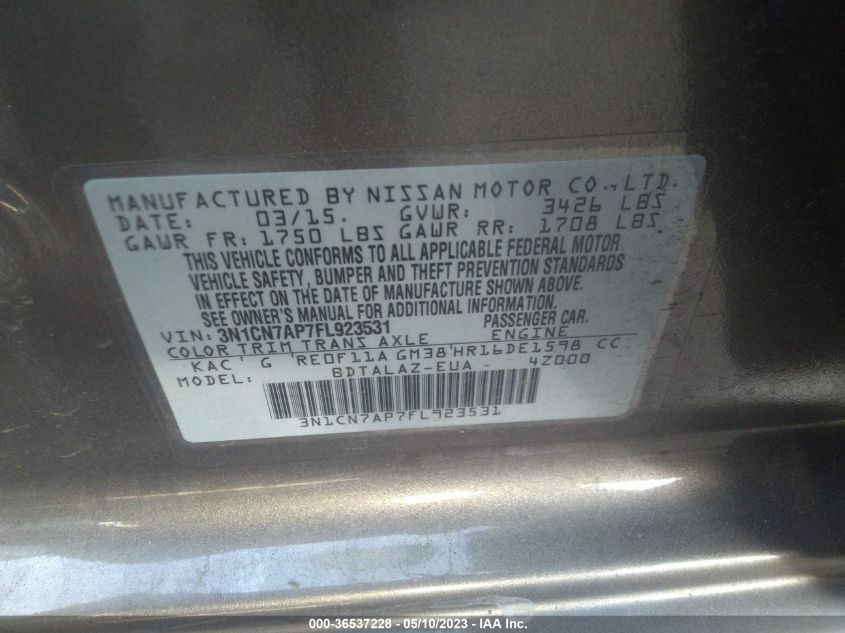 2015 NISSAN VERSA S PLUS - 3N1CN7AP7FL923531