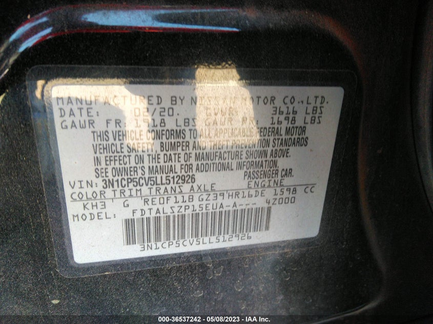 VIN 3N1CP5CV5LL512926 2020 NISSAN KICKS SV