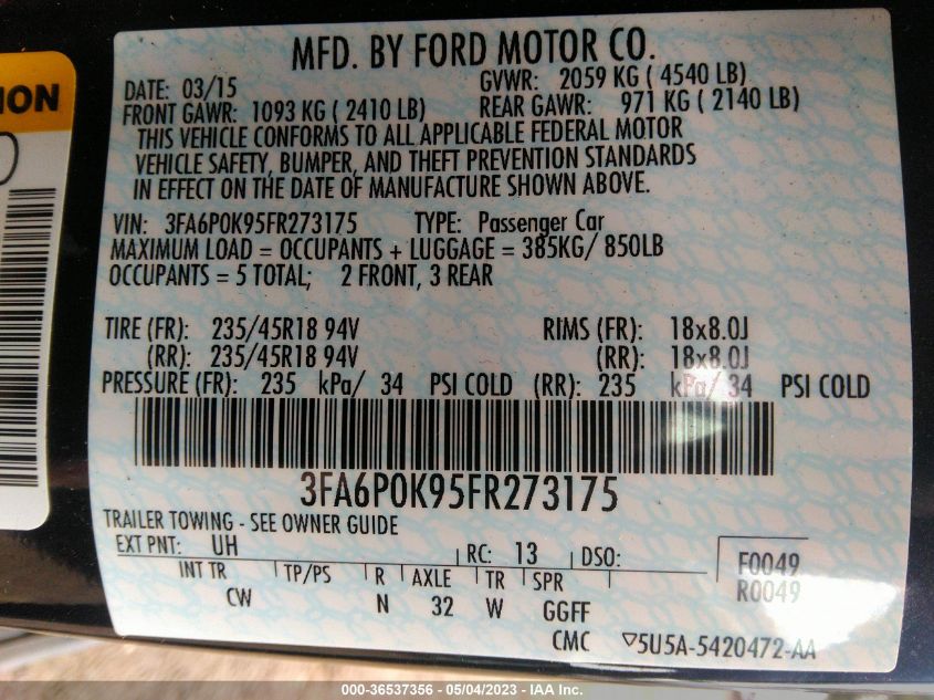 2015 FORD FUSION TITANIUM - 3FA6P0K95FR273175