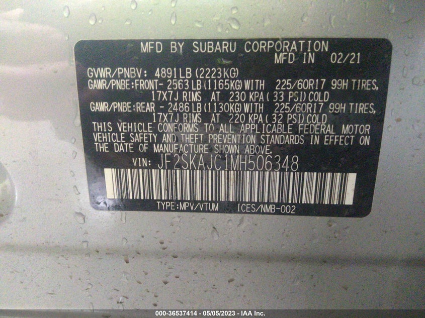 VIN JF2SKAJC1MH506348 2021 SUBARU FORESTER PREMIUM