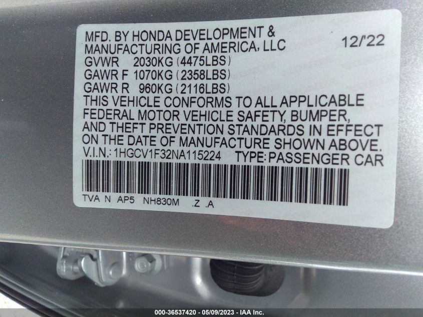 2022 HONDA ACCORD SEDAN SPORT - 1HGCV1F32NA115224