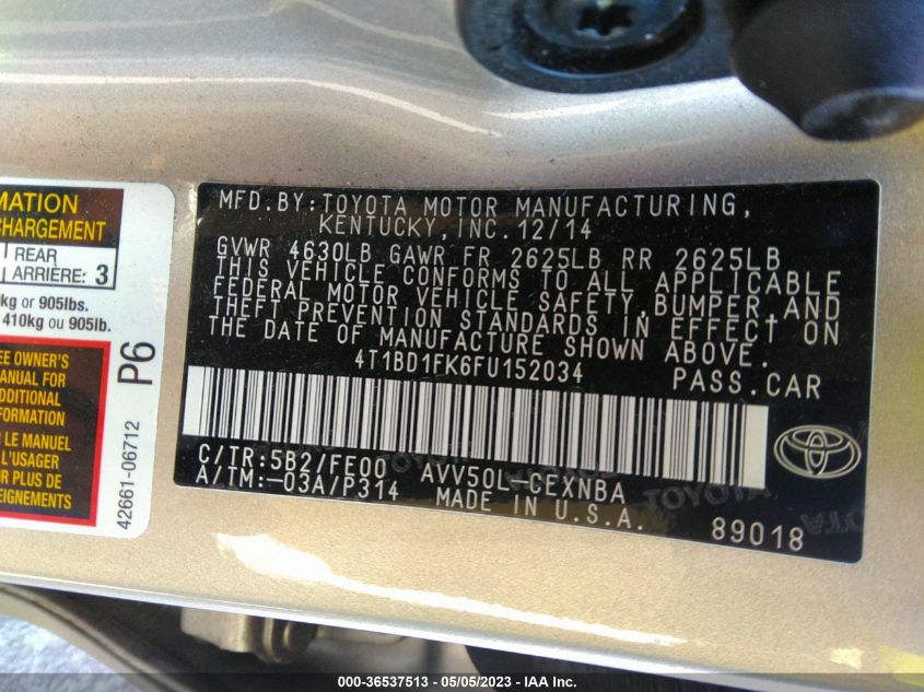 2015 TOYOTA CAMRY HYBRID LE/XLE/SE - 4T1BD1FK6FU152034