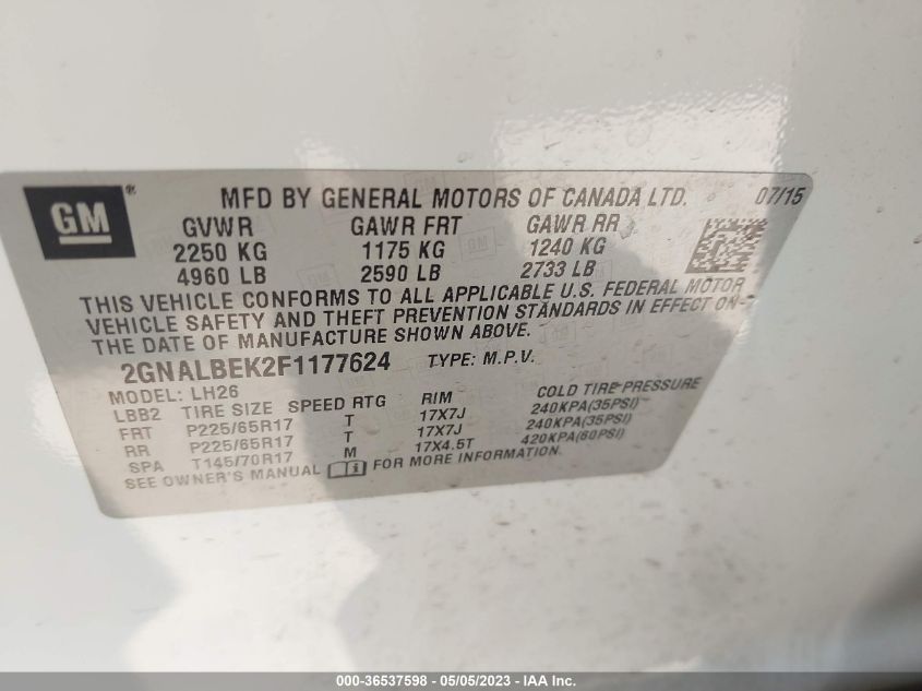 2015 CHEVROLET EQUINOX LT - 2GNALBEK2F1177624