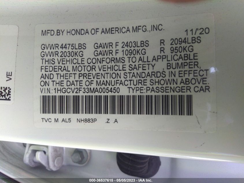 2021 HONDA ACCORD SEDAN SPORT - 1HGCV2F33MA005450